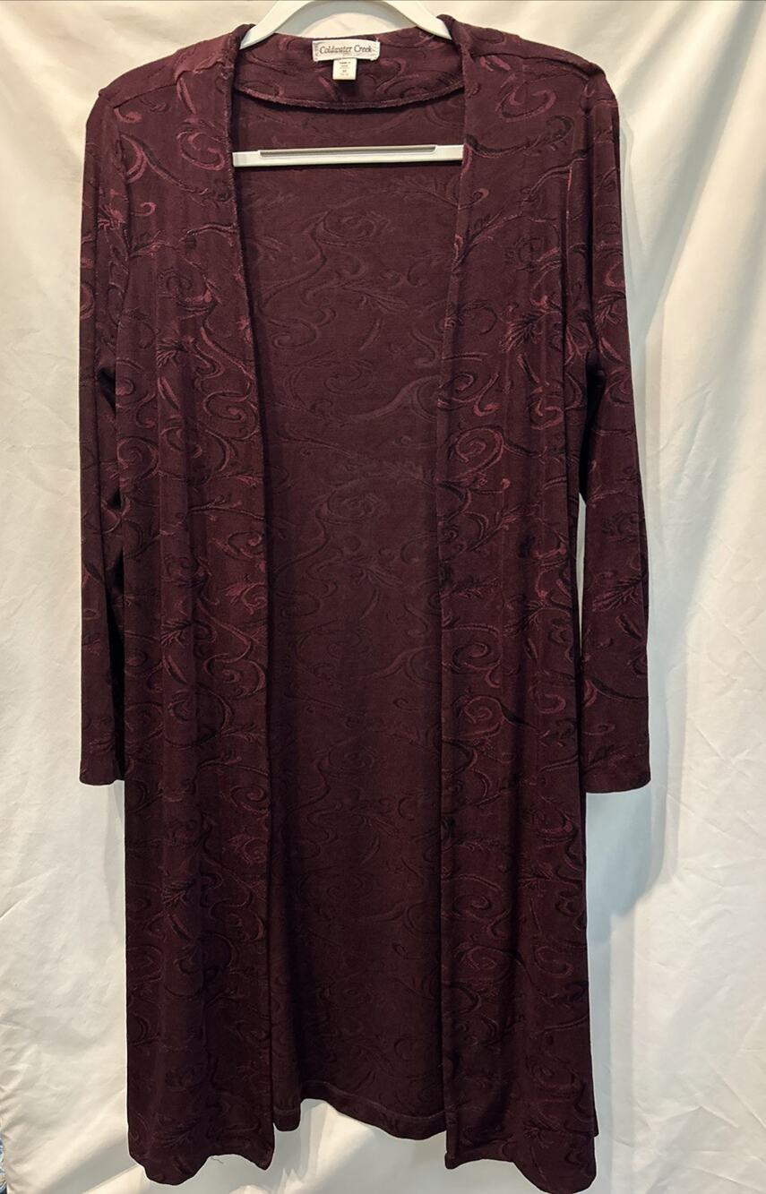 Coldwater Creek Medium Dark Plum Damask Slinky Drape Open Cardigan Duster